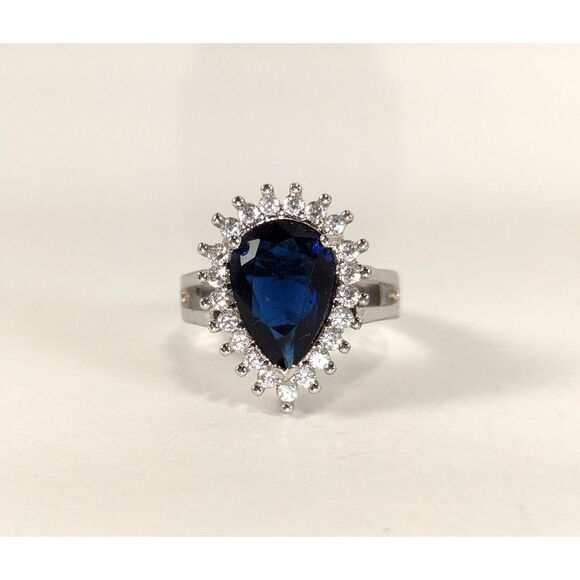 Teardrop Sapphire Blue and Clear Rhinestone Ring  Size  7.25 - Picture 1 of 10